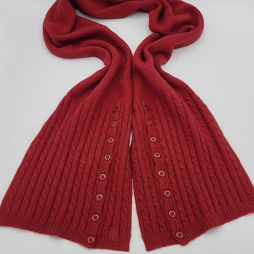 Lauren Ralph Lauren Red Cable Knit Rabbit Hair/Wool Blend Scarf With Buttons